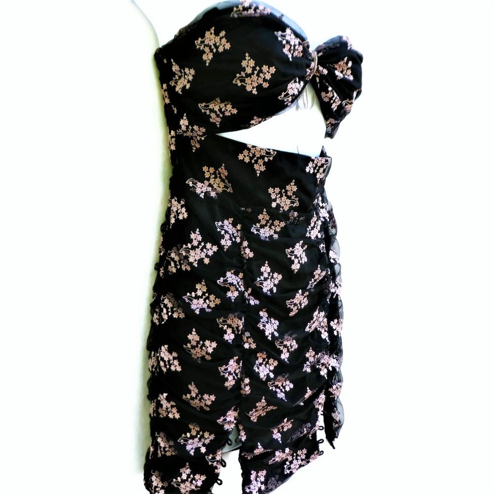 Majorelle Revolve Mini Dress Floral Embroidery Ruched Mesh Lace Up Hem Side Zip - Picture 2 of 8